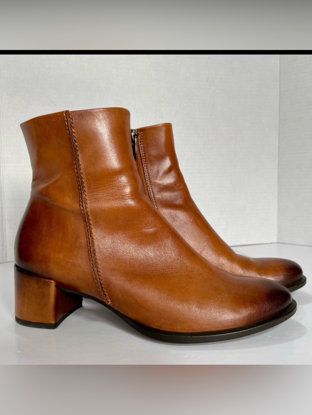 ECCO Danish Design Leather Ankle Boots Cognac Brown Block Heel EU37